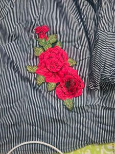 Striped Off-Shoulder Top with Rose Applique