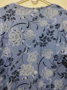 Karen Scott Blue Top With Black White Floral Print
