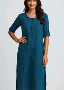 Teal Linen Blend Button-Up Kurti