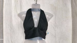 17216. Black Halter Neck Plisse Crop Top