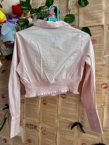 Pink Cropped Smocked Button-Up Shirt
