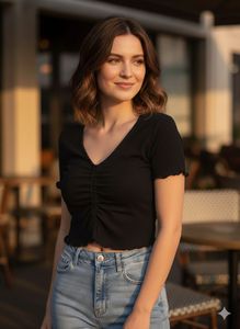 Ruched Front V-Neck Black Top🦋