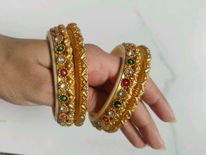 Exquisite Stone-Studded Gold Bangles