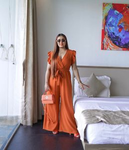 burnt Orange Wrap-Front Jumpsuit