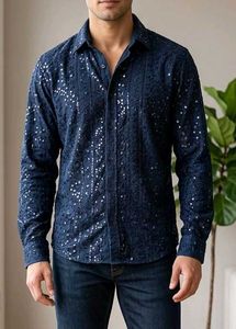 Men's Sequin Embellished Navy Blue Shirt