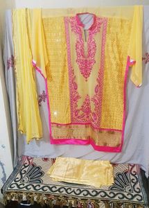 Yellow Kurta Set with Pink Embroidery
