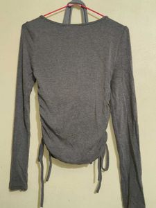 Gray Ruched Drawstring Long Sleeve Top