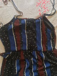 Long Dress Black With Tie Up Shoulder Straps And Brown And Blue Detail
