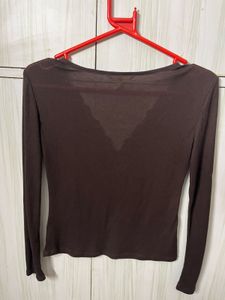 Brown Ribbed Lace Neckline Top
