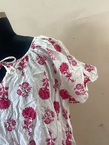 White Kurta with Pink Floral Print