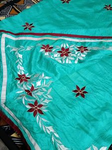 Beautiful Teal Saree with Floral Embroidery