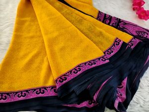 Yellow And Pink Printed Chiffon Fancy Saree