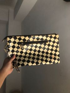 Checkered Clutch Bag with Wrist Strap