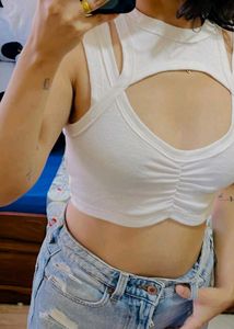 Stylish White Cut-out Ruched Crop Top