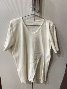 Cream Ribbed V-Neck Tunic Top