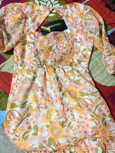 yellow and white floral printed A line dress