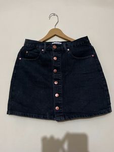 Black Denim Button-Front Mini Skirt