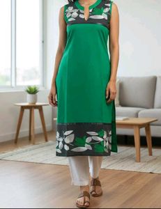 Cotton Green Floral Kurta with Attached Sleeves