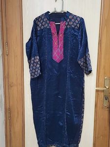 Elegant Navy Blue Kurta with Pink Neckline