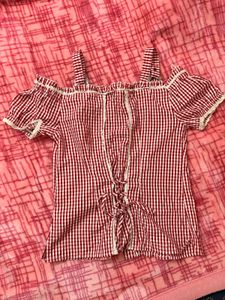 Cute Red Gingham Cold Shoulder Top