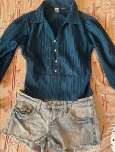 Teal Pleated Button-Down Top