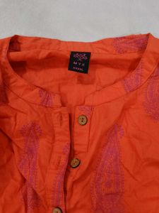 Orange Kurta with Pink Paisley Print