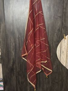 Maroon Net Dupatta with Golden Border