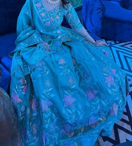 Beautiful Blue Floral Lehenga Choli Set with jewel