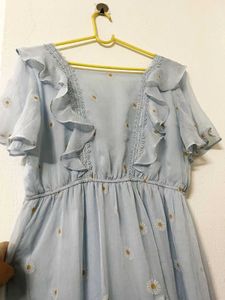 Light Blue Daisy Print Tiered Dress