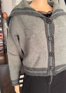 Gray Knit Cardigan with Collar