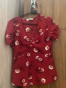 Mango Red Floral Print V-Neck Top