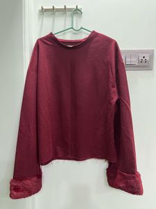Maroon Faux Fur Trim Long Sleeve Top