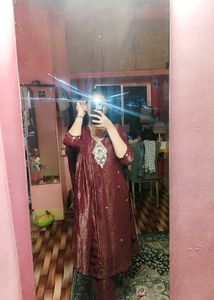 Maroon Kurta Set with Embellished Neckline