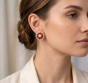 Elegant Red &amp; Gold Flower Stud Earrings