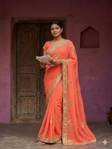 Beautiful Orange Embroidered Saree & ready blouse