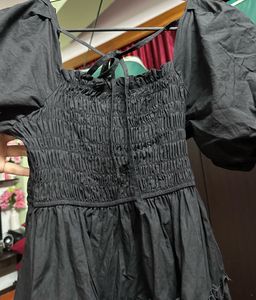 Black Smocked Puff Sleeve Tiered Dress