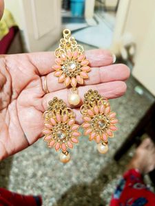 Peach Floral Jhumka & Maang Tikka Set