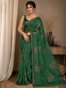 Elegant Emerald Green Embroidered Saree