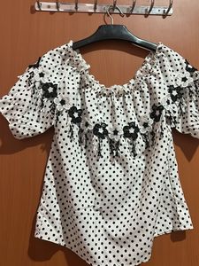 Polka Dot Off-Shoulder Top with Floral Detail