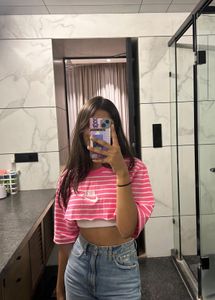 Nike Pink Striped cropped T-Shirt