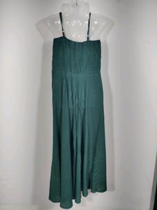 Green Plain Smoking Strap Dress (Women's)