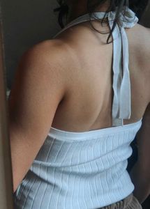 Ribbed White Halter Neck Tank Top