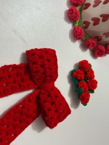Handmade Crochet Red Bow Hair Clip Set
