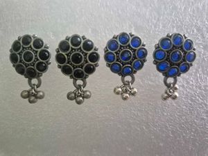 Oxidised Floral Earrings with Blue &amp; Black Stones