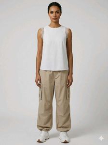 Casual Y2K outfit:COMBO lace top+beige cargo