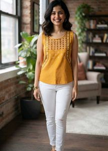 Mustard Yellow Embroidered Sleeveless Top