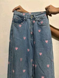 Heart Embroidered Wide Leg Jeans