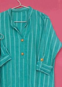 Teal Striped Kurta with Golden Buttons
