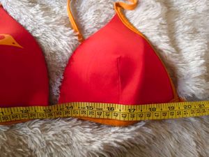 Vibrant Red Bikini Top with Tropical Print