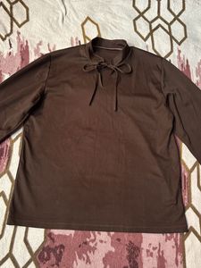 Brown Tie Neck Long Sleeve Top
